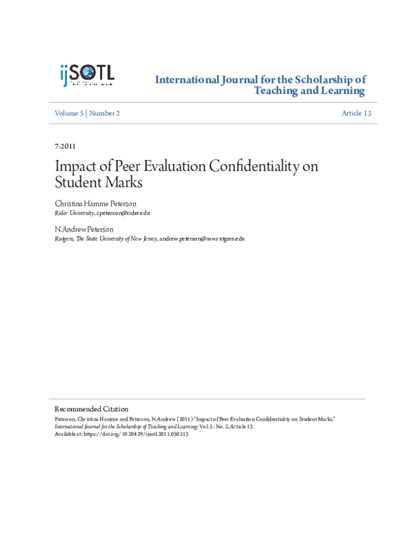 First page of “Impact of Peer Evaluation Confidentiality on Student Marks”