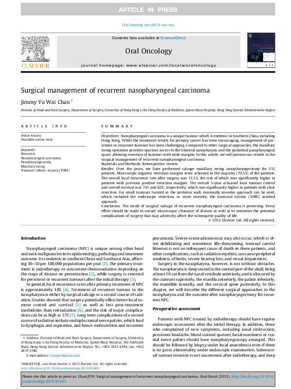 First page of “Surgical management of recurrent nasopharyngeal carcinoma”