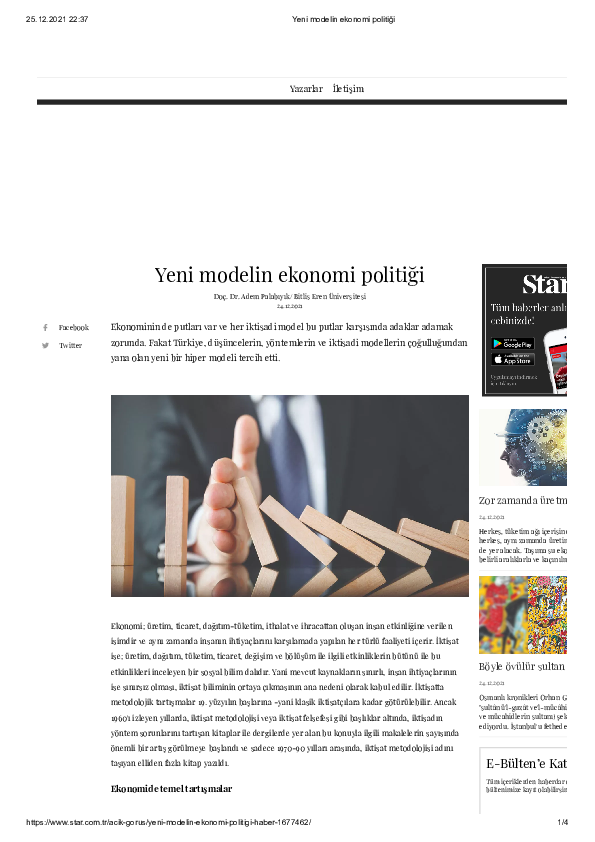 First page of “Yeni Ekonomi Modelinin Ekonomi-Politiği ve Sosyolojisi- Star Gazetesi Açık Görüş”