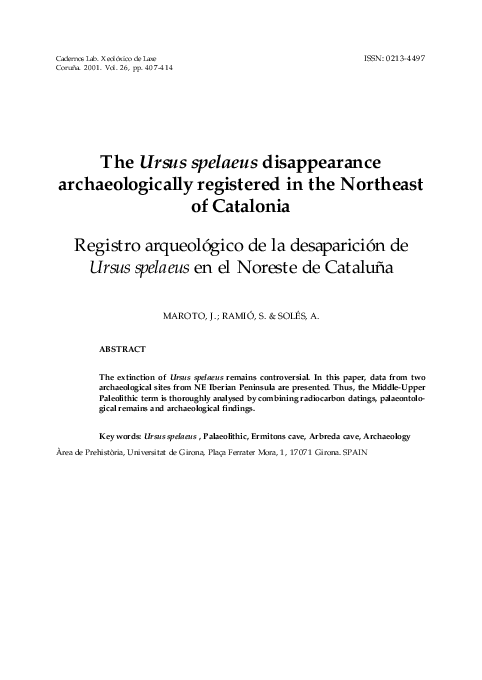 First page of “The Ursus spelaeus disappearance archaeologically registered in the Northeast of Catalonia”