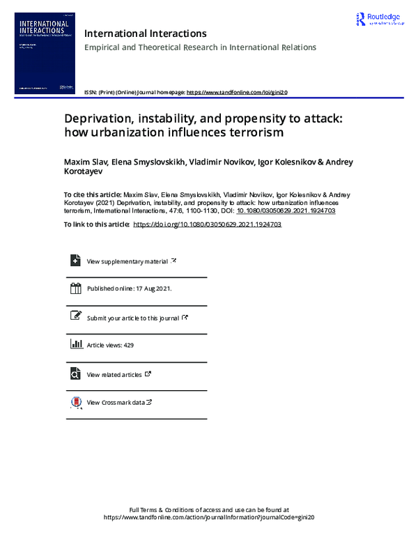 First page of “Deprivation, instability, and propensity to attack: how urbanization influences terrorism”