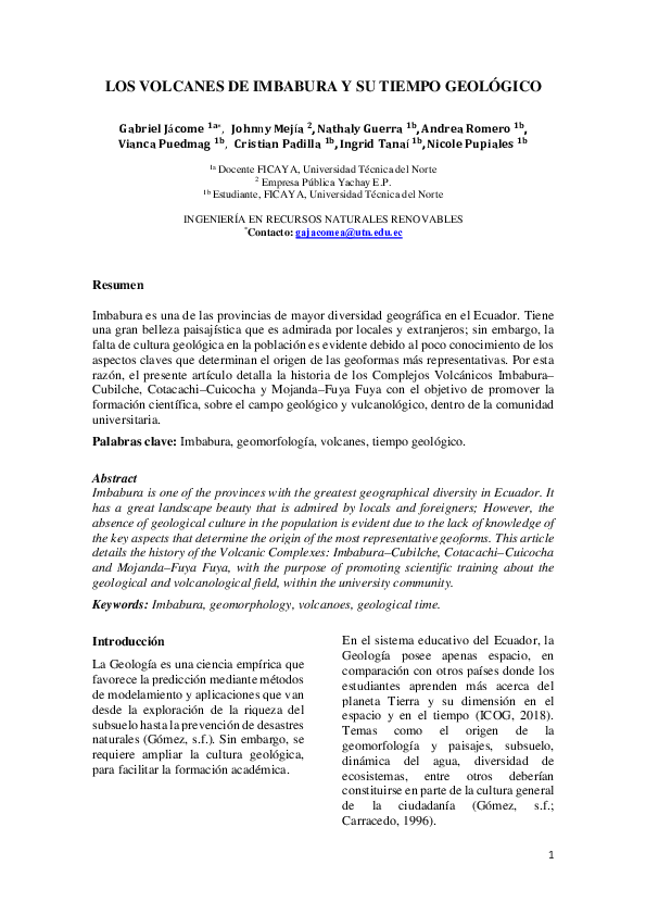 First page of “LOS VOLCANES DE IMBABURA Y SU TIEMPO GEOLÓGICO”