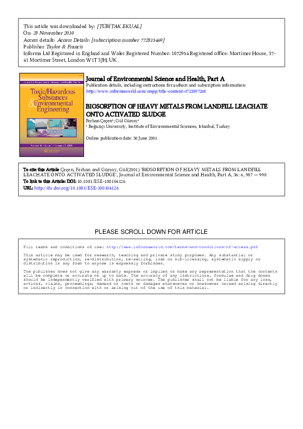 First page of “Biosorption of Heavy Metals from Landfill Leachate Onto Activated Sludge”