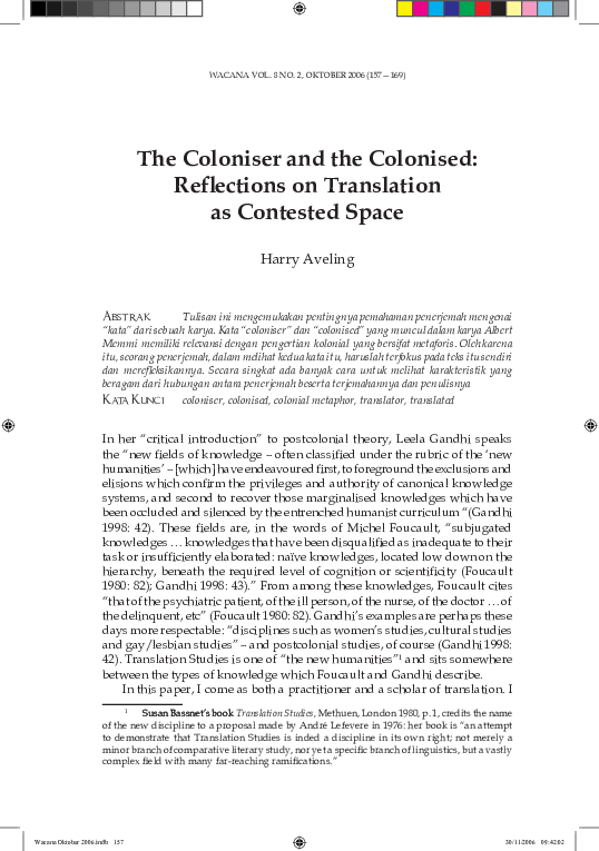 First page of “The Coloniser and the Colonised: Reflections on Translation as Contested Space”