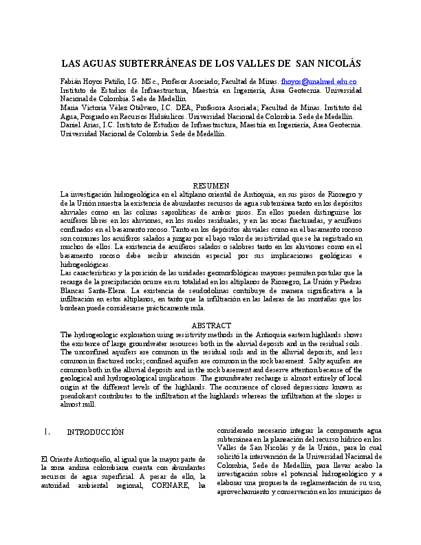 First page of “Las Aguas Subterráneas del Valle de San Nicolás”