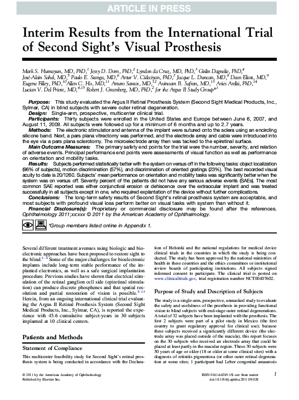 First page of “Interim Results from the International Trial of Second Sight's Visual Prosthesis”