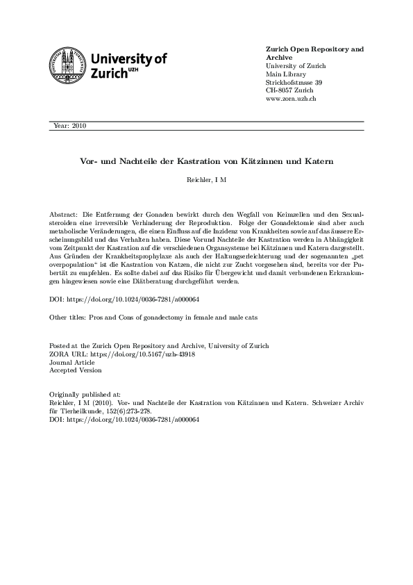 First page of “Vor- und Nachteile der Kastration von Kätzinnen und Katern”