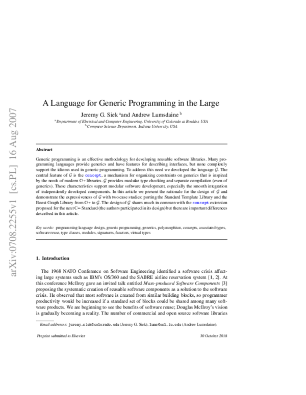 First page of “A language for generic programming in the large”