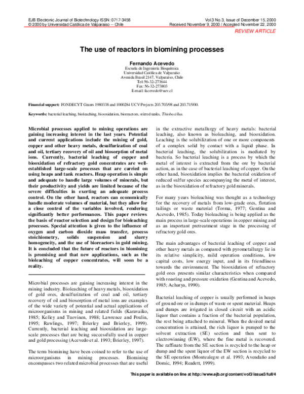 First page of “REVIEW ARTICLE The use of reactors in biomining processes”