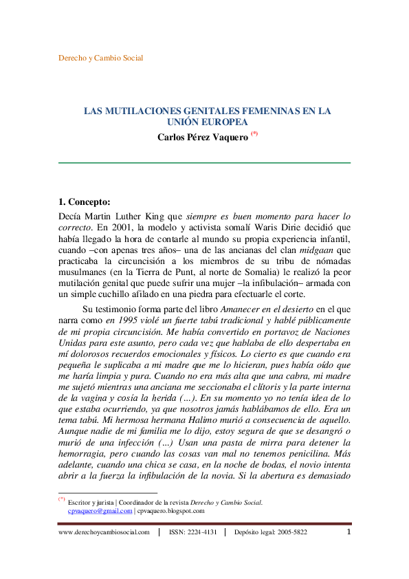 First page of “Las mutilaciones genitales femeninas en la Unión Europea”