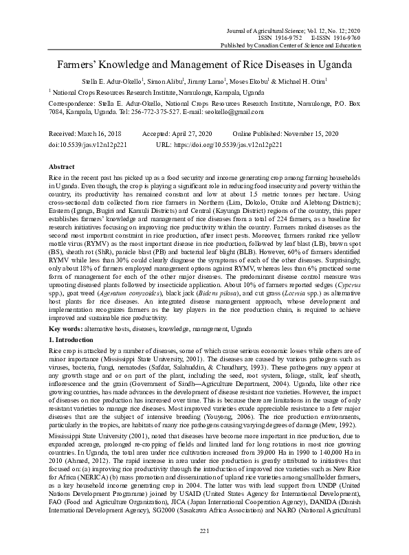 First page of “Farmers’ Knowledge and Management of Rice Diseases in Uganda”