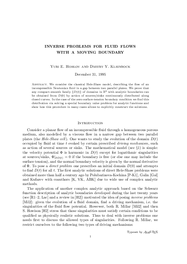 First page of “Inverse Problems for Fluid Flows with a Moving Boundary”