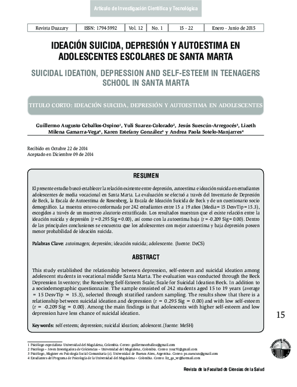 First page of “Ideación suicida, depresión y autoestima en adolescentes escolares de Santa Marta”