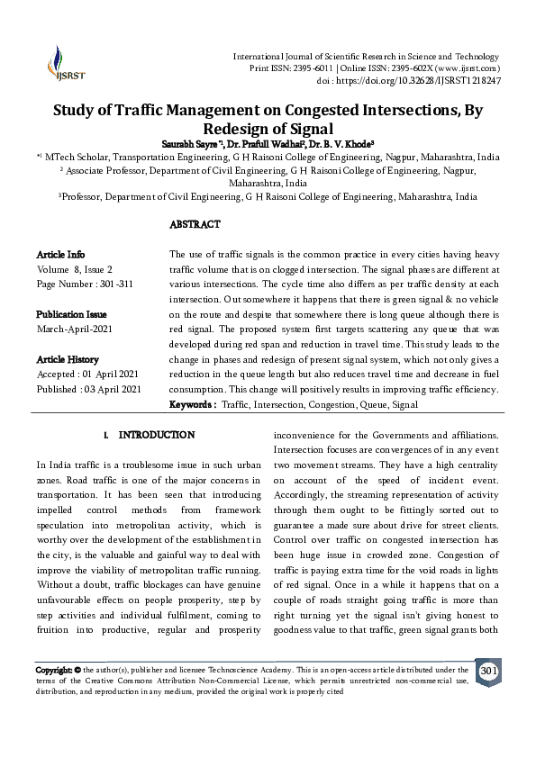 First page of “Study of Traffic Management on Congested Intersections, By Redesign of Signal”