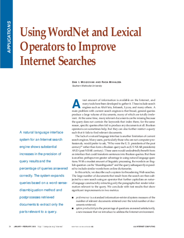 First page of “Using wordnet and lexical operators to improve internet searches”