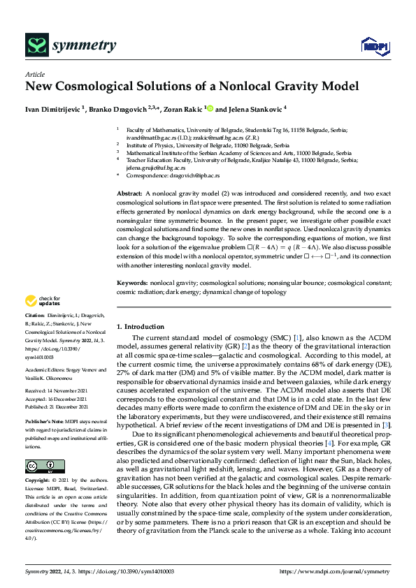 First page of “New Cosmological Solutions of a Nonlocal Gravity Model”