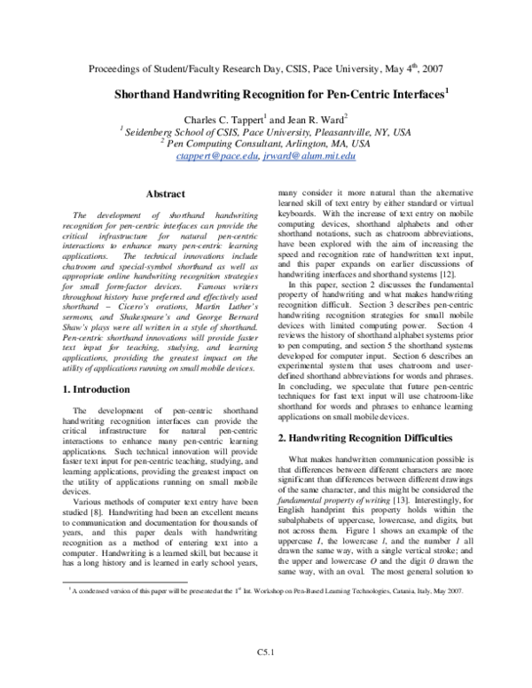 First page of “Shorthand Handwriting Recognition for Pen-Centric Interfaces1”