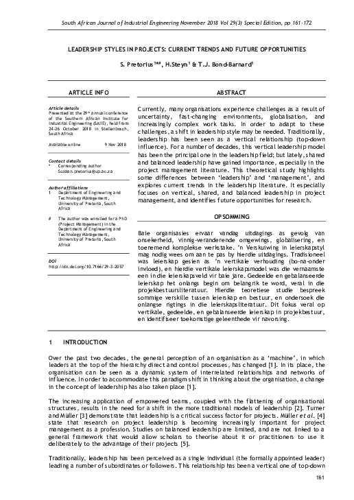 First page of “Leadership Styles in Projects: Current Trends and Future Opportunities”