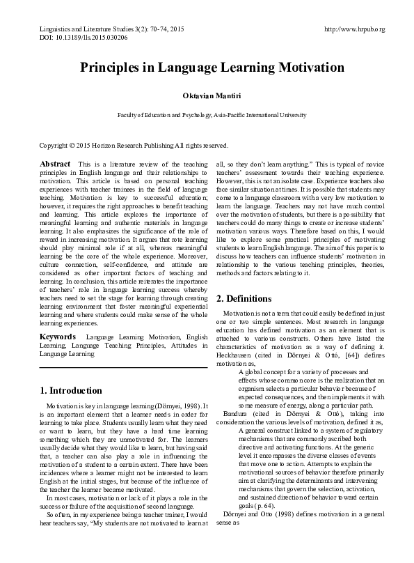 First page of “DOI: 10.13189/lls.2015.030206 Principles in Language Learning Motivation”