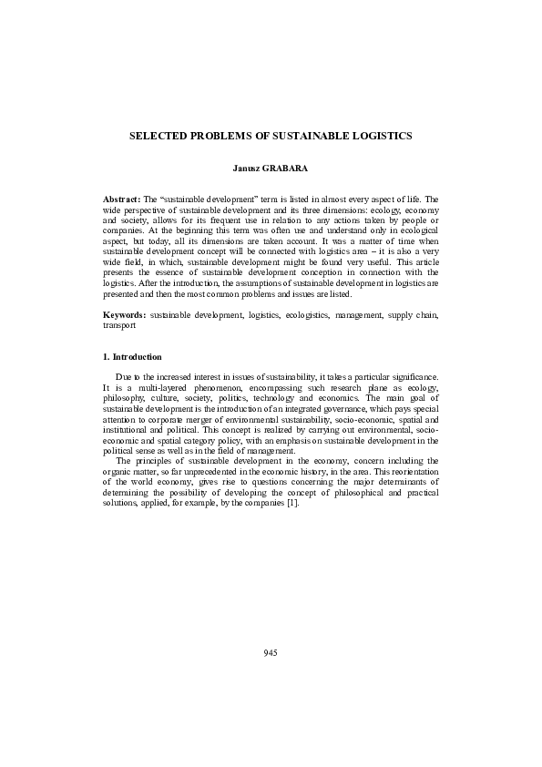 First page of “Selected Problems of Sustainable Logistics”