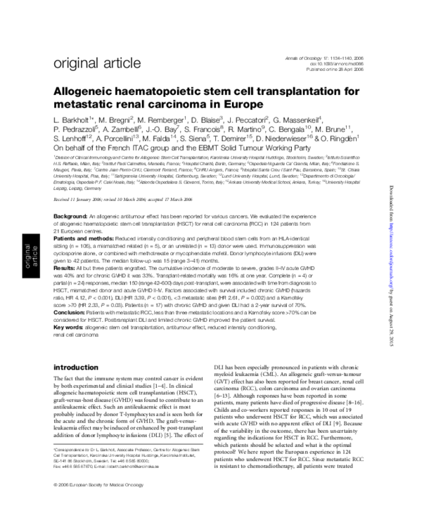 First page of “Allogeneic haematopoietic stem cell transplantation for metastatic renal carcinoma in Europe”