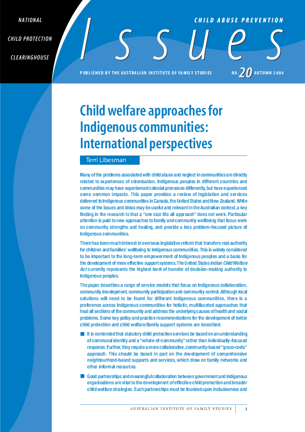 First page of “Child welfare approaches for Indigenous communities : international perspectives”