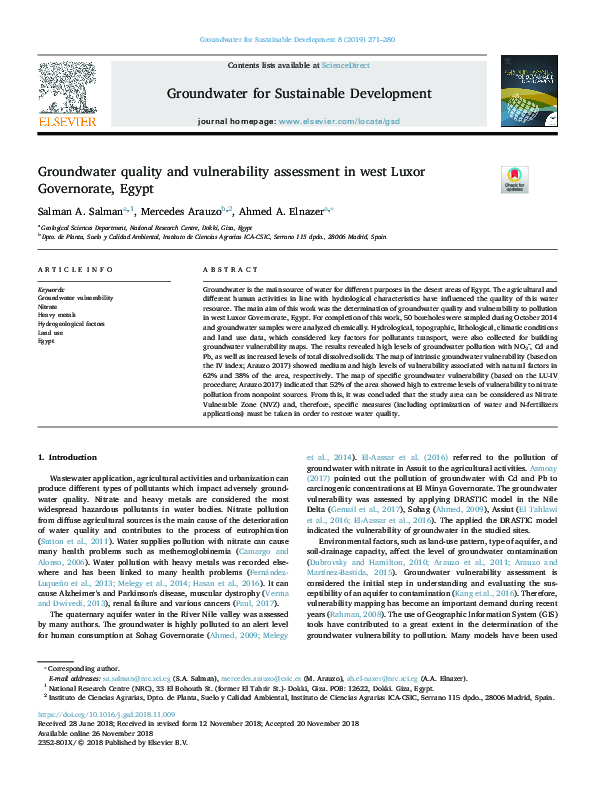 First page of “Groundwater quality and vulnerability assessment in west Luxor Governorate, Egypt”