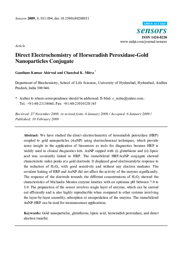 First page of “Direct Electrochemistry of Horseradish Peroxidase‐Gold Nanoparticles Conjugate”