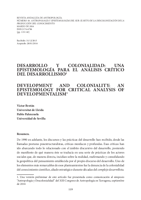 First page of “Desarrollo y colonialidad: una epistemología para el análisis crítico del desarrollismo”