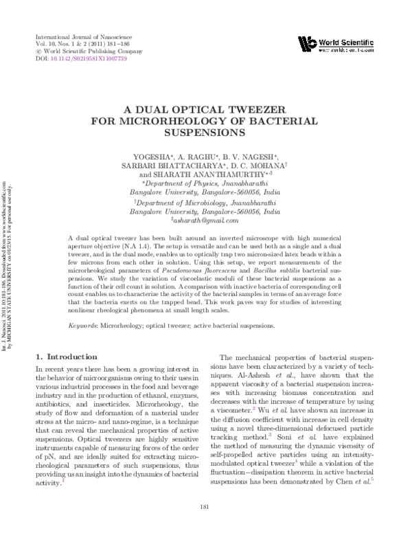 First page of “A Dual Optical Tweezer for Microrheology of Bacterial Suspensions”