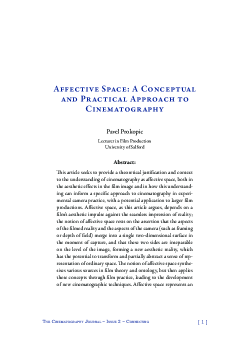 First page of “Affective Space: A Conceptual and Practical Approach to Cinematography”