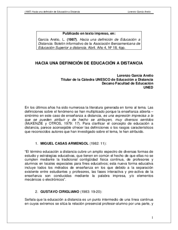 First page of “Hacia Una Definición De Educación a Distancia”