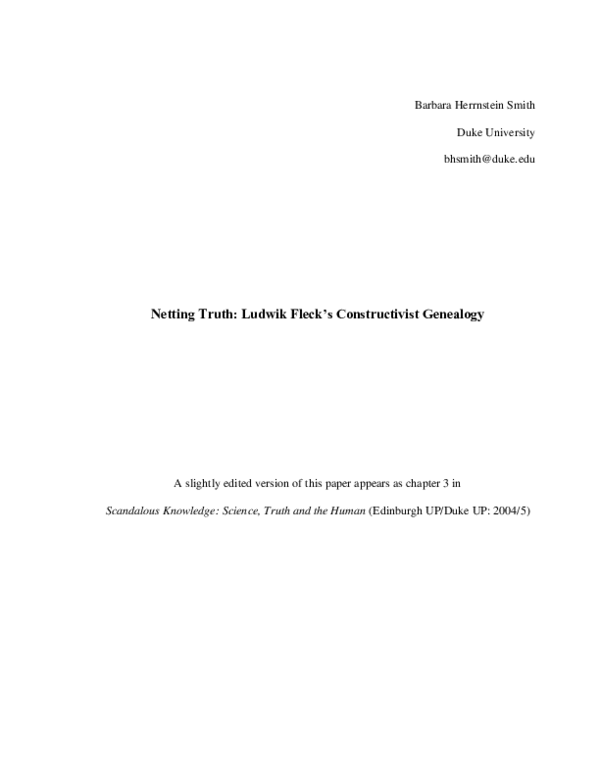 First page of “Netting Truth: Ludwik Fleck's Constructivist Genealogy, 2005”