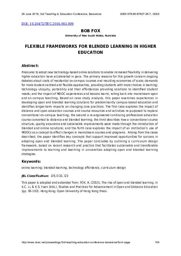 First page of “Flexible Frameworks for Blended Learning in Higher Education”