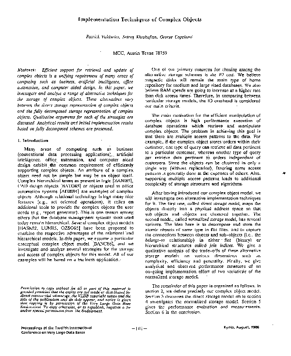 First page of “Implementation Techniques of Complex Objects”