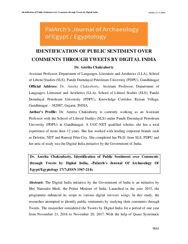 First page of “IDENTIFICATION OF PUBLIC SENTIMENT OVER COMMENTS THROUGH TWEETS BY DIGITAL INDIA”