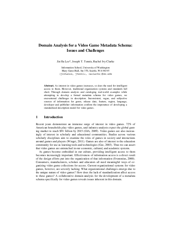 First page of “Domain Analysis for a Video Game Metadata Schema: Issues and Challenges”