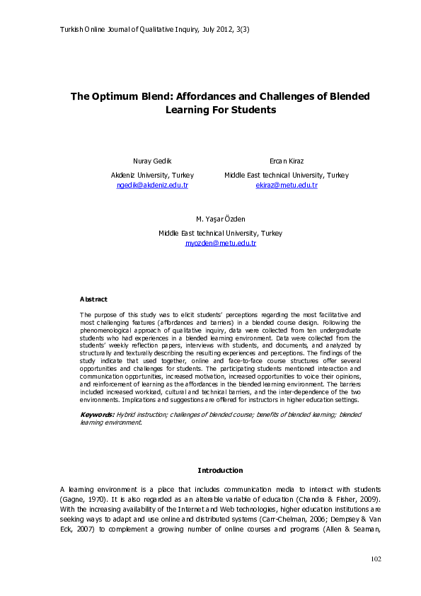 First page of “The Optimum Blend: Affordances and Challenges of Blended Learning For Students”