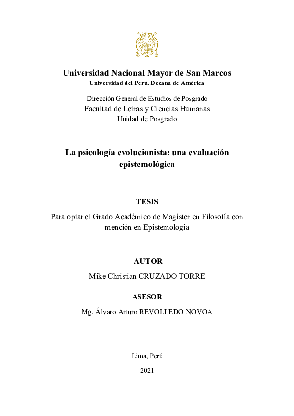 First page of “La psicología evolucionista, una evaluación epistemológica (Tesis magister)”