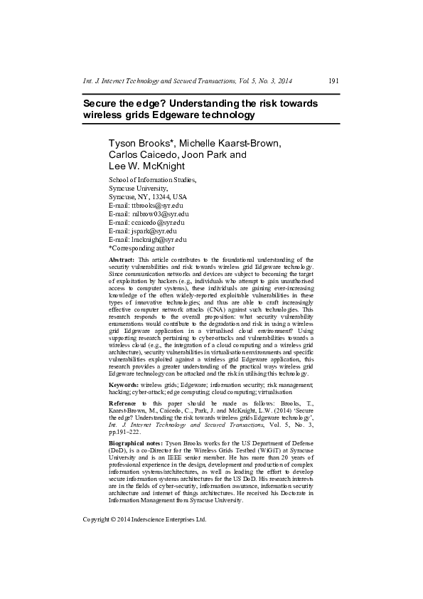 First page of “Secure the edge? Understanding the risk towards wireless grids Edgeware technology”