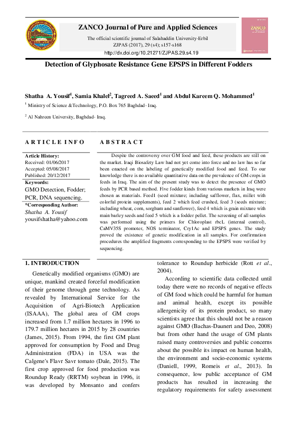 First page of “Detection of Glyphosate Resistance Gene EPSPS in Different Fodders”