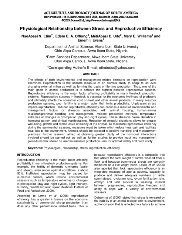 First page of “Physiological Relationship between Stress and Reproductive Efficiency”