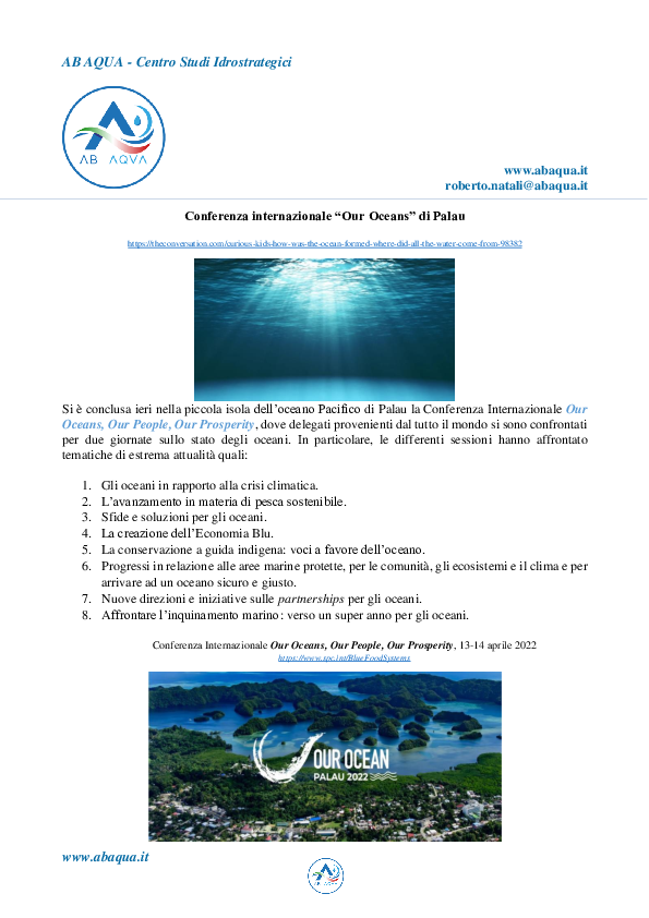 First page of “Conferenza internazionale “Our Oceans” di Palau”