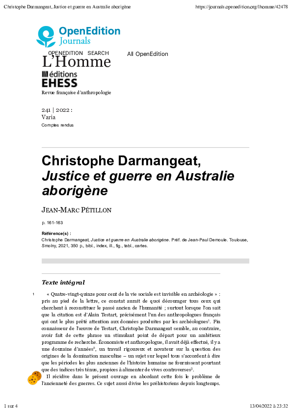 First page of “Compte rendu de : Christophe Darmangeat, Justice et guerre en Australie aborigène”