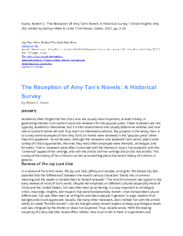 First page of “The Reception of Amy Tan's Novels: A Historical Survey”