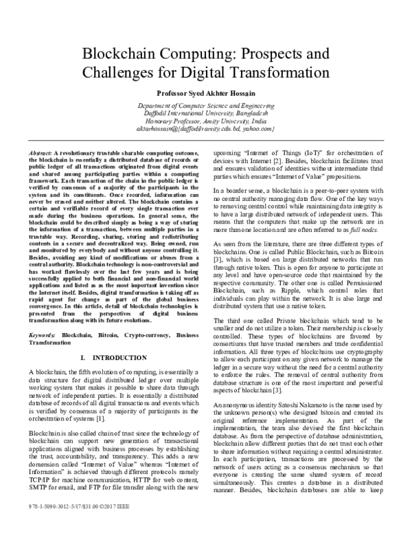 First page of “Blockchain computing: Prospects and challenges for digital transformation”