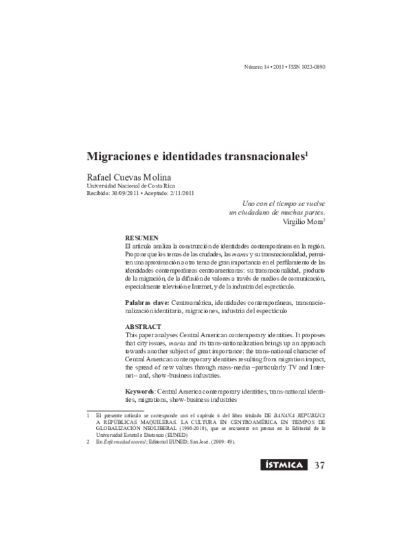 First page of “Migraciones e identidades transnacionales”