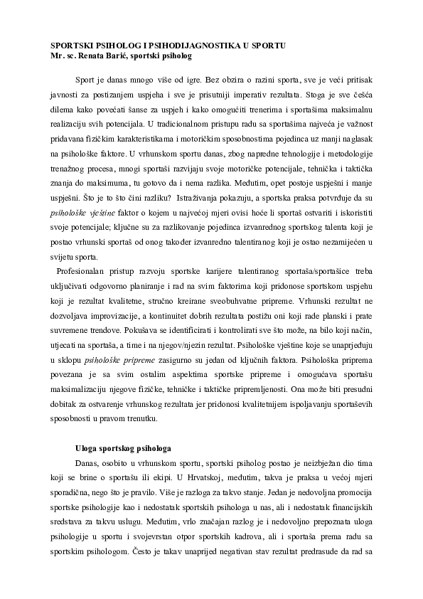 First page of “Sport psychologist and psychodiagnostic in sport”