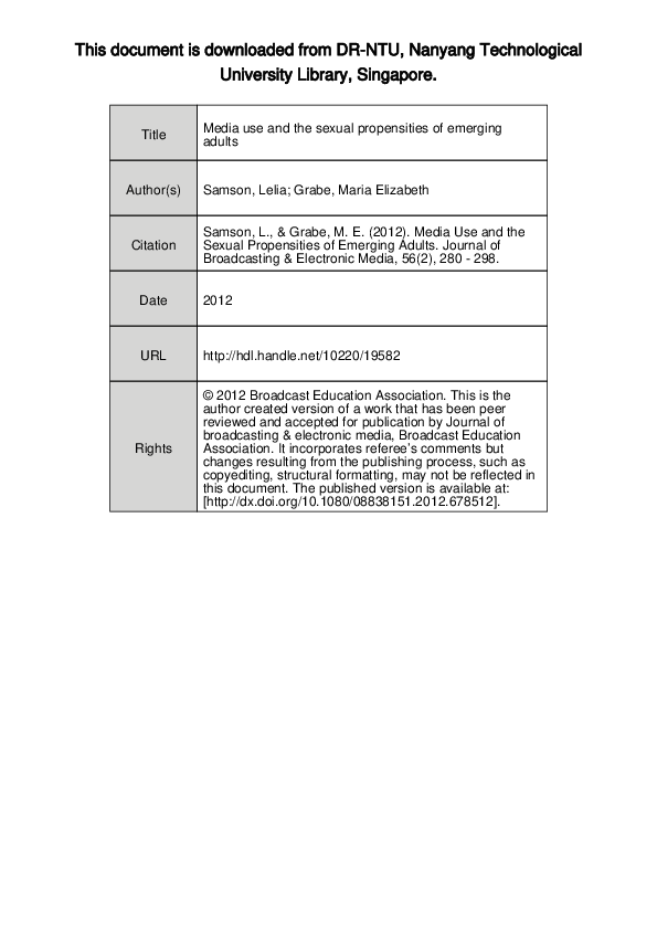 First page of “Media Use and the Sexual Propensities of Emerging Adults”