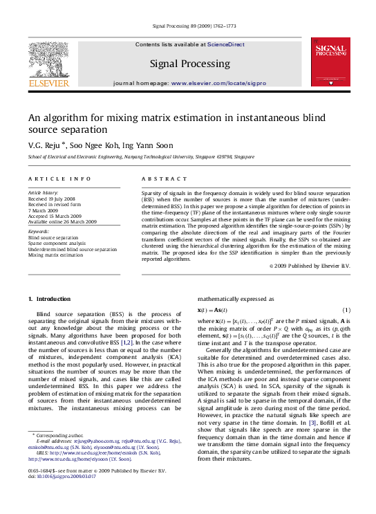 First page of “An algorithm for mixing matrix estimation in instantaneous blind source separation”